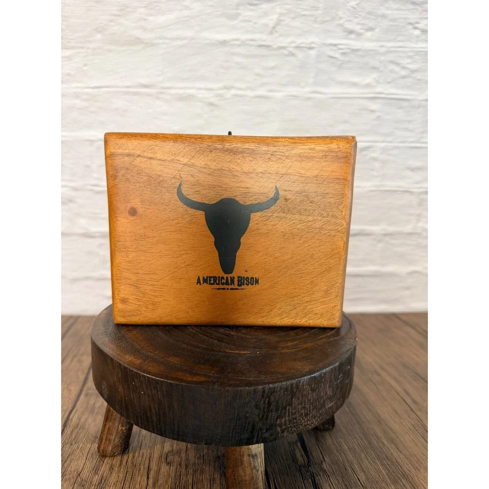 American Bison Mens Brown Distressed Genuine Leather Bifold Wallet with Wood Box
